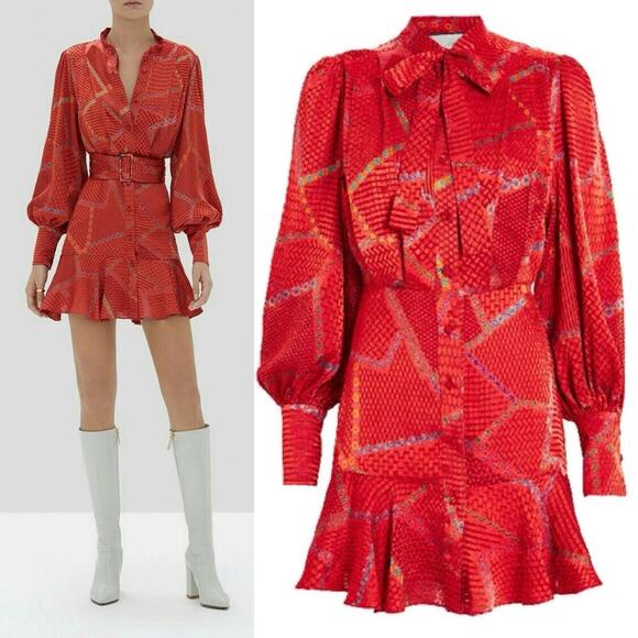 Alexis Lishan Red Fire Print Tie Neck Puff Sleeve Ruffle Hem Mini Dress XS - Picture 1 of 8